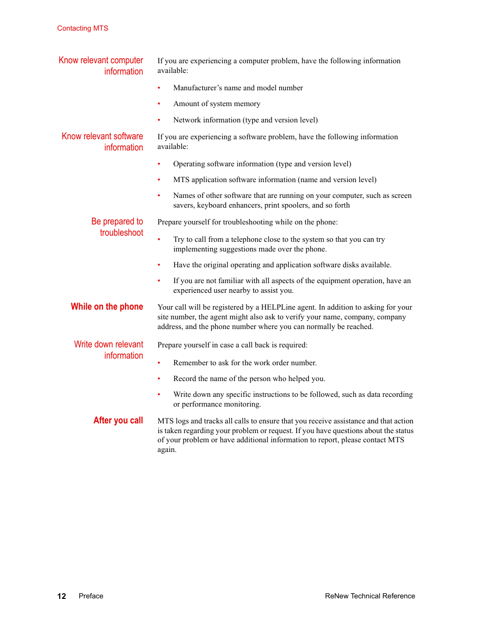 While on the phone, After you call | MTS ReNew Technical Reference User Manual | Page 12 / 50