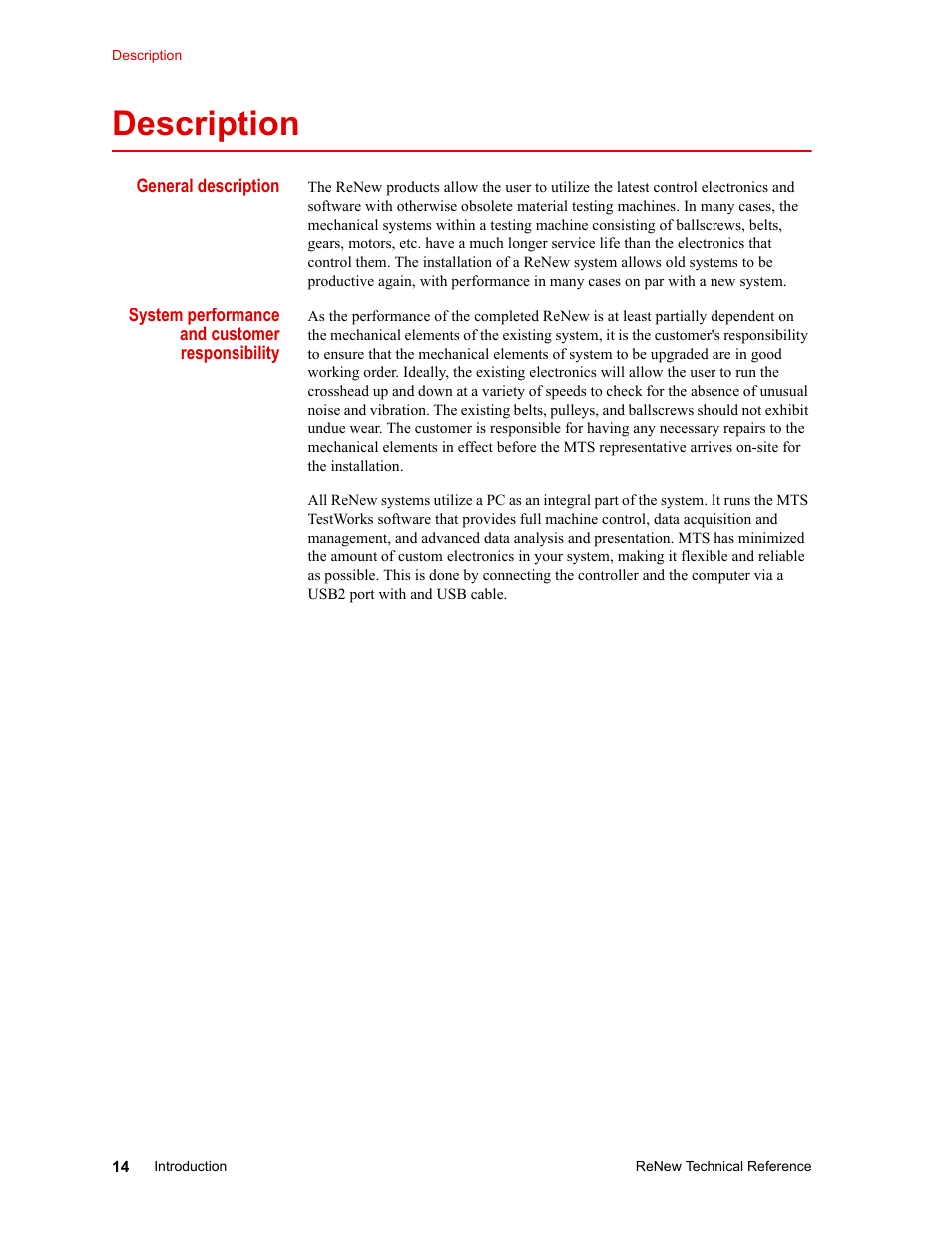 Description, General description, System performance and customer responsibility | Description 14, General description 14, System performance and customer responsibility 14 | MTS ReNew Technical Reference User Manual | Page 14 / 50