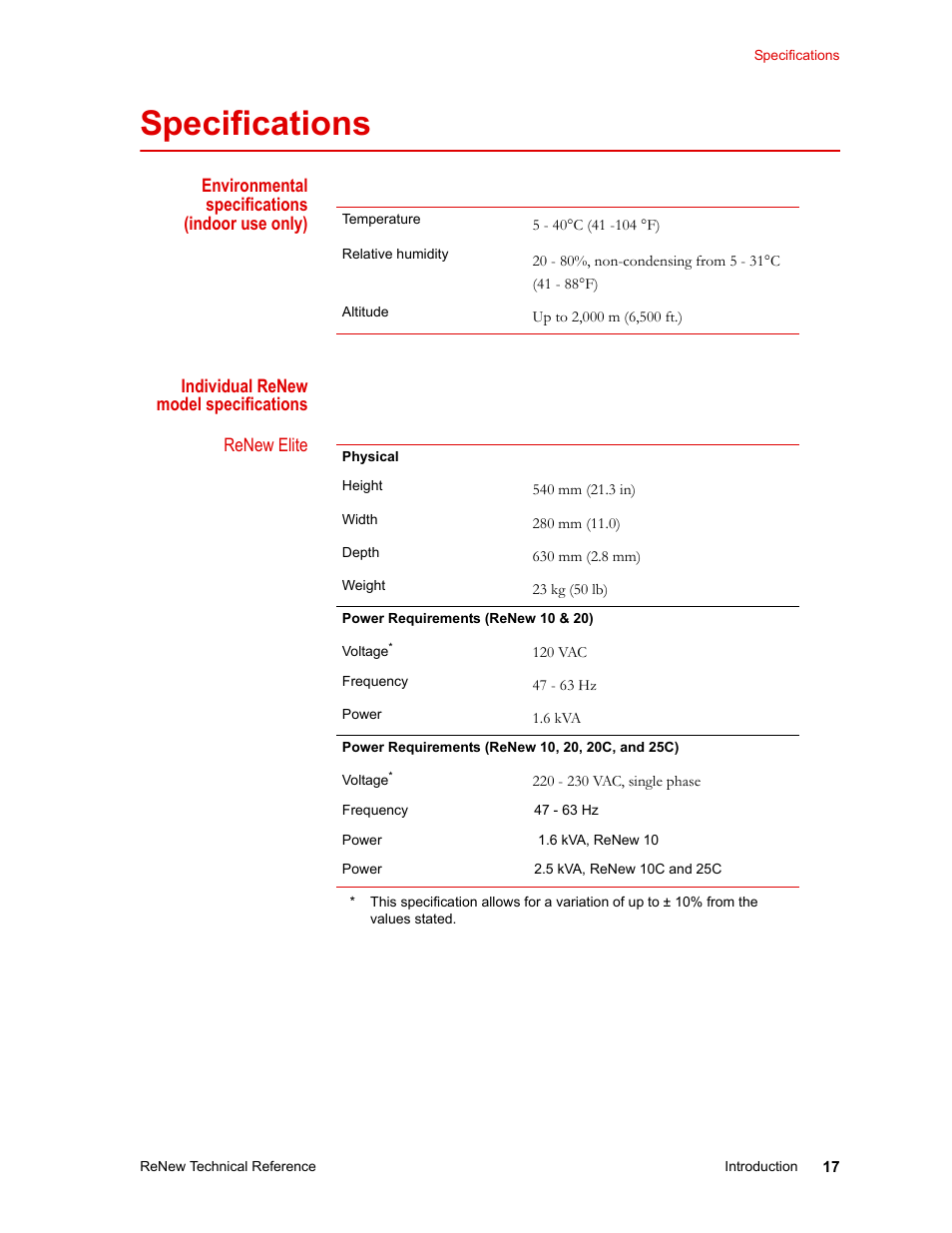 Specifications, Environmental specifications (indoor use only), Individual renew model specifications | Specifications 17, Environmental specifications (indoor use only) 17, Individual renew model specifications 17 | MTS ReNew Technical Reference User Manual | Page 17 / 50