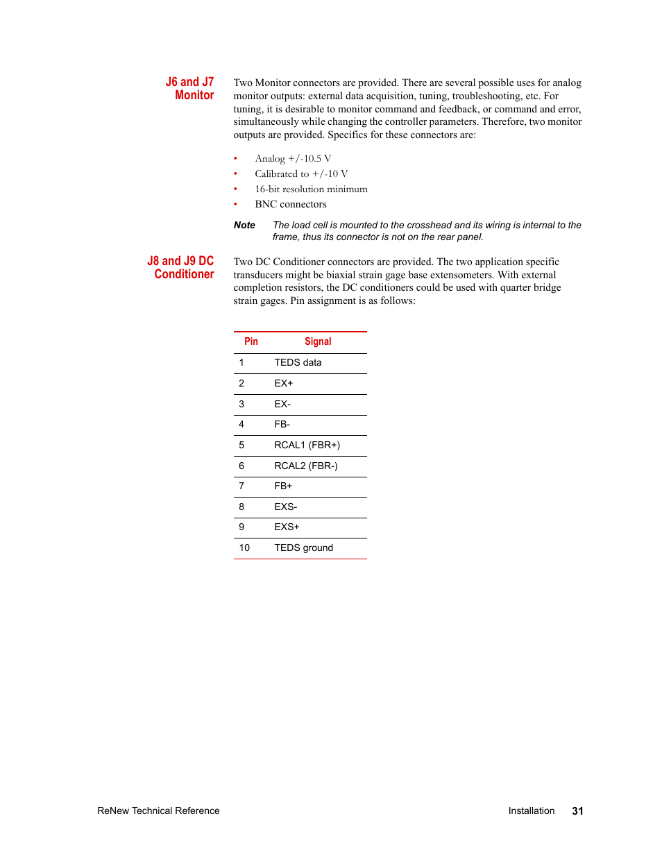 J6 and j7 monitor, J8 and j9 dc conditioner | MTS ReNew Technical Reference User Manual | Page 31 / 50