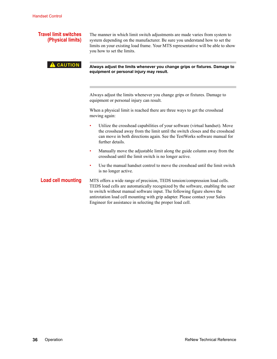 Travel limit switches (physical limits), Load cell mounting | MTS ReNew Technical Reference User Manual | Page 36 / 50