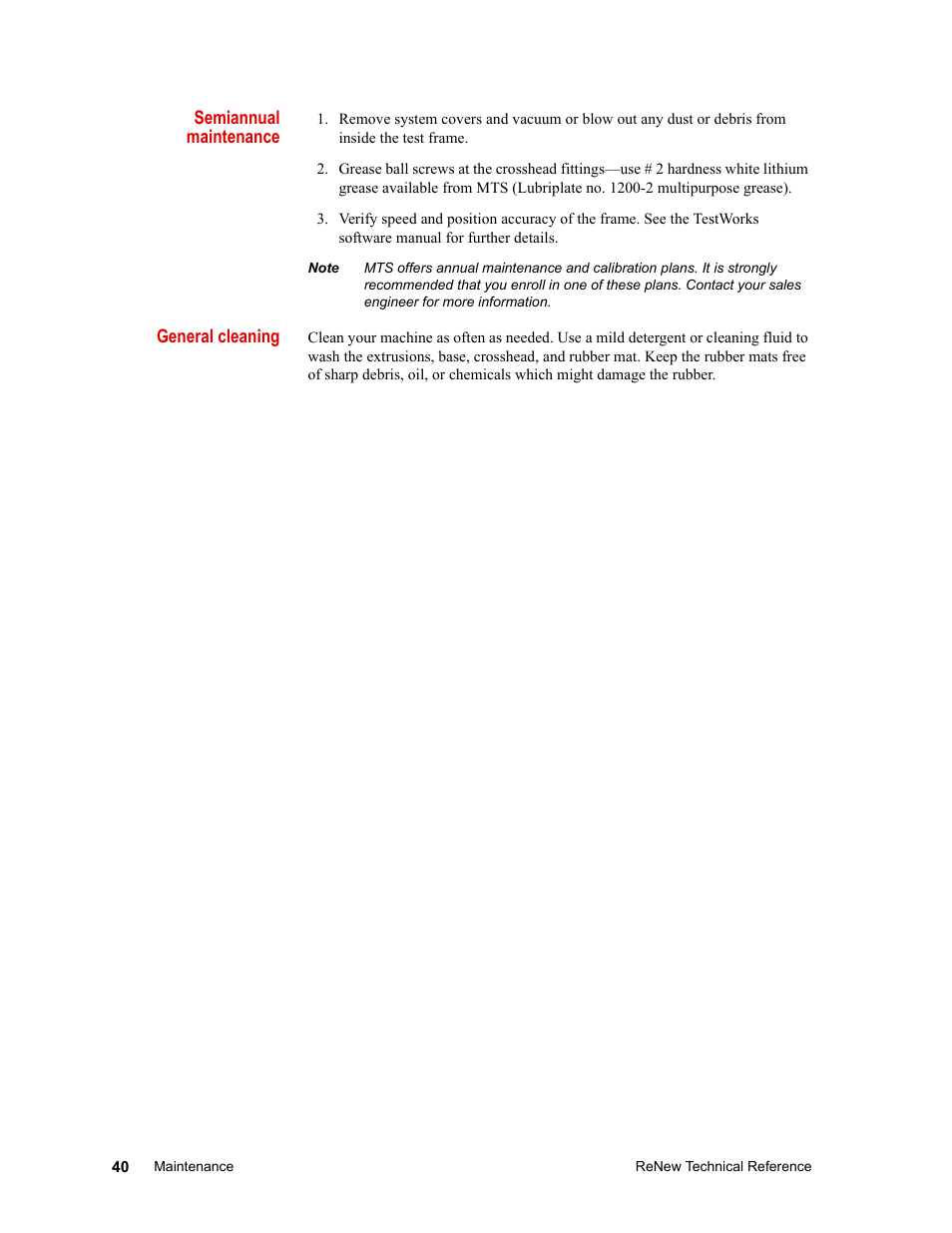 Semiannual maintenance, General cleaning | MTS ReNew Technical Reference User Manual | Page 40 / 50