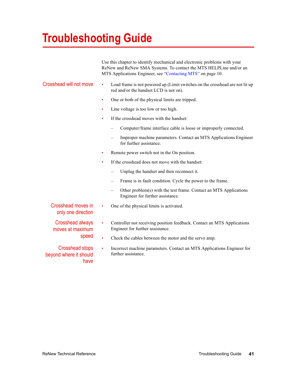 Troubleshooting guide, Troubleshooting guide 41 | MTS ReNew Technical Reference User Manual | Page 41 / 50