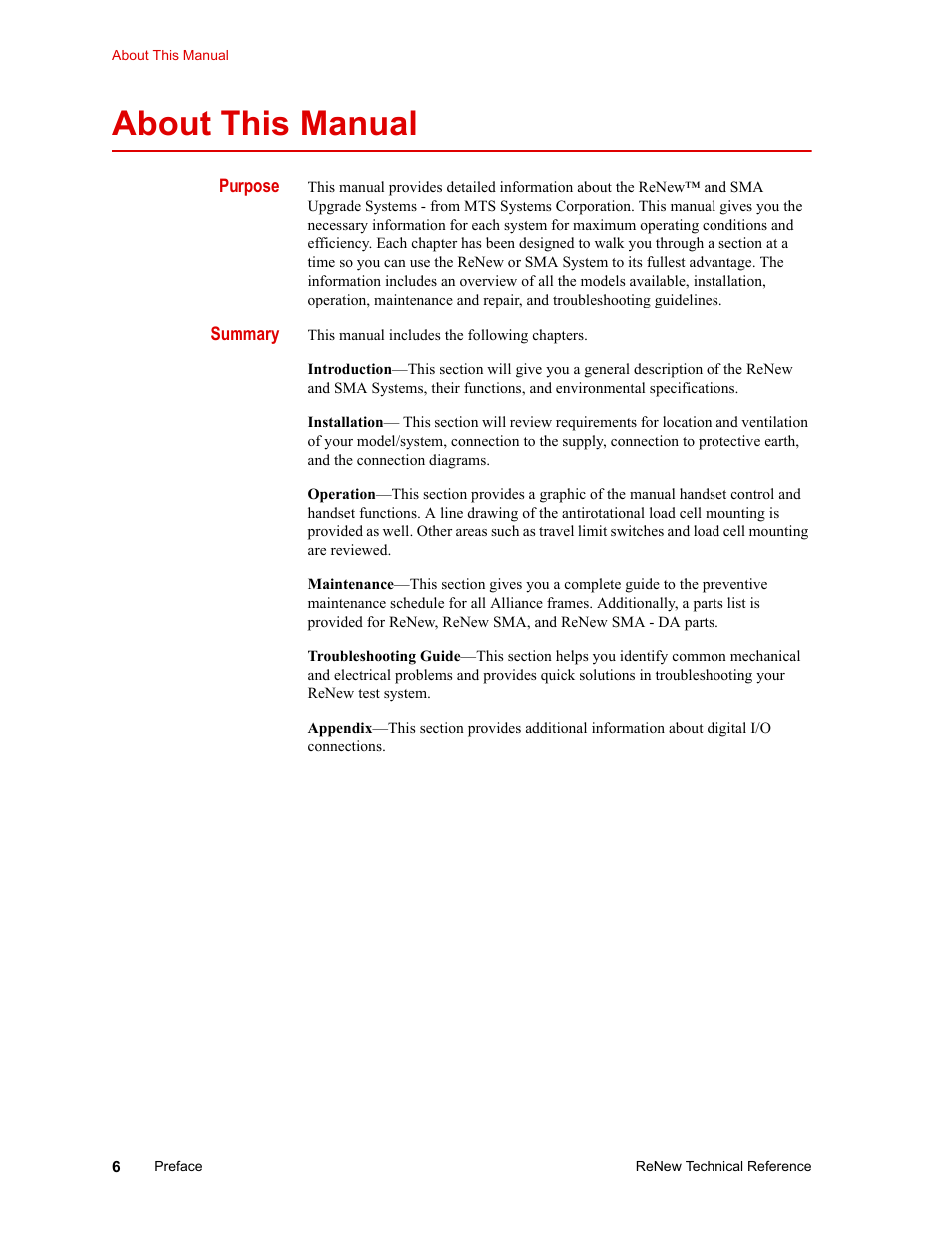 About this manual, Purpose, Summary | About this manual 6 | MTS ReNew Technical Reference User Manual | Page 6 / 50