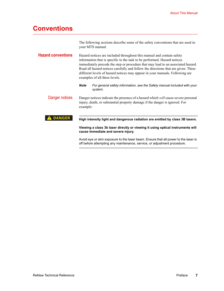 Conventions, Hazard conventions, Conventions 7 | MTS ReNew Technical Reference User Manual | Page 7 / 50