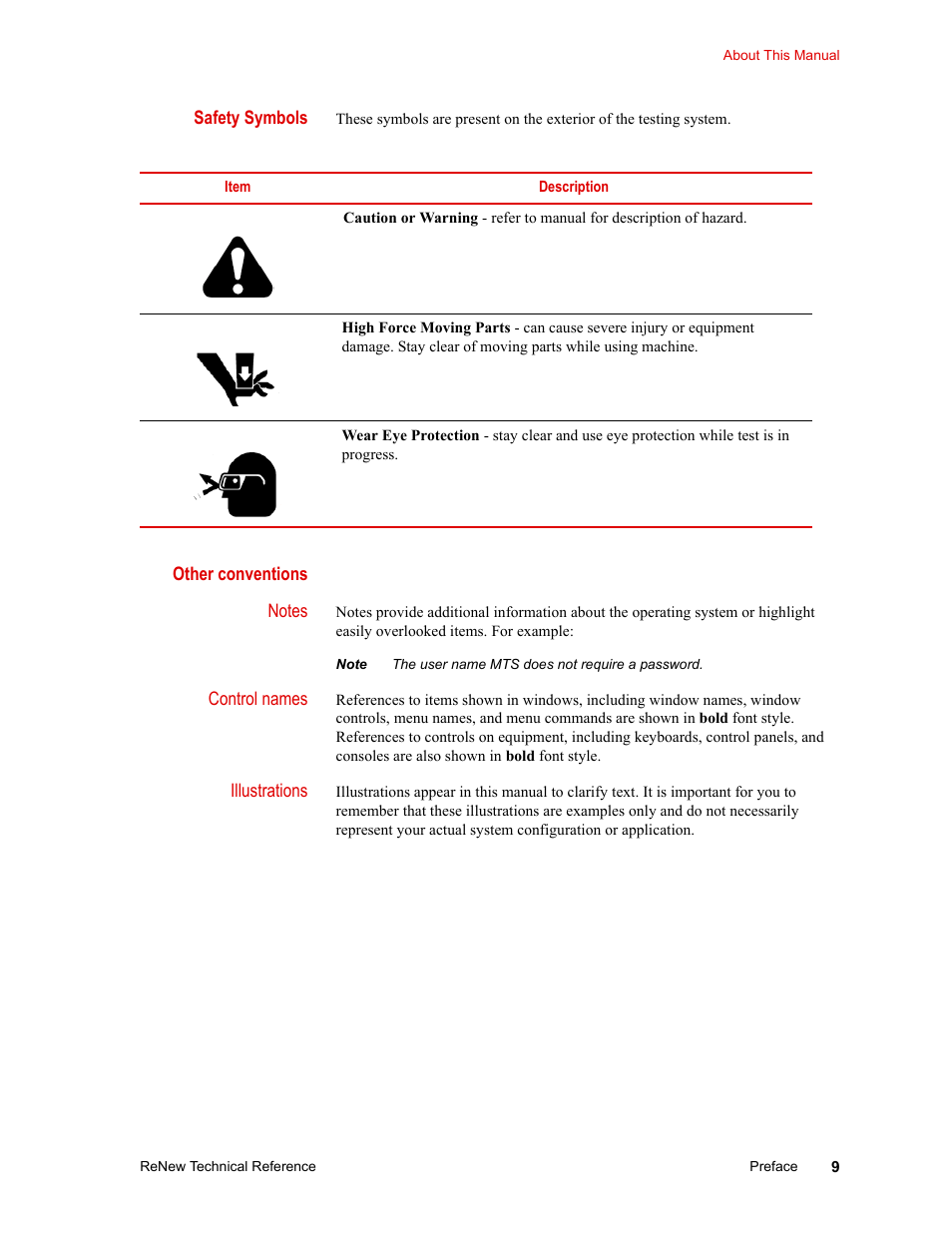 Safety symbols, Other conventions | MTS ReNew Technical Reference User Manual | Page 9 / 50