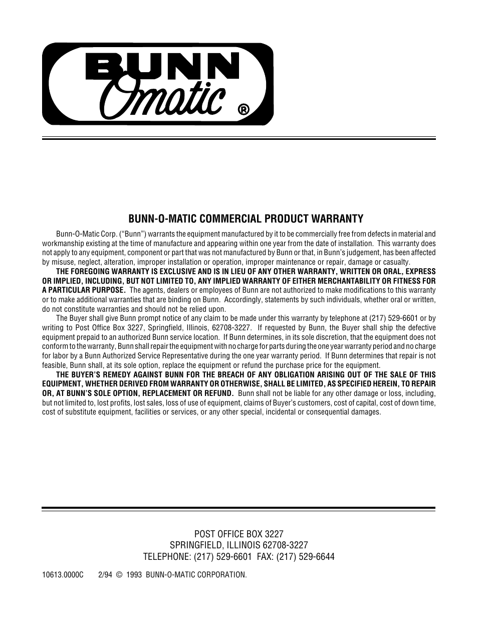 Bunn A10A Automatic User Manual | 6 pages