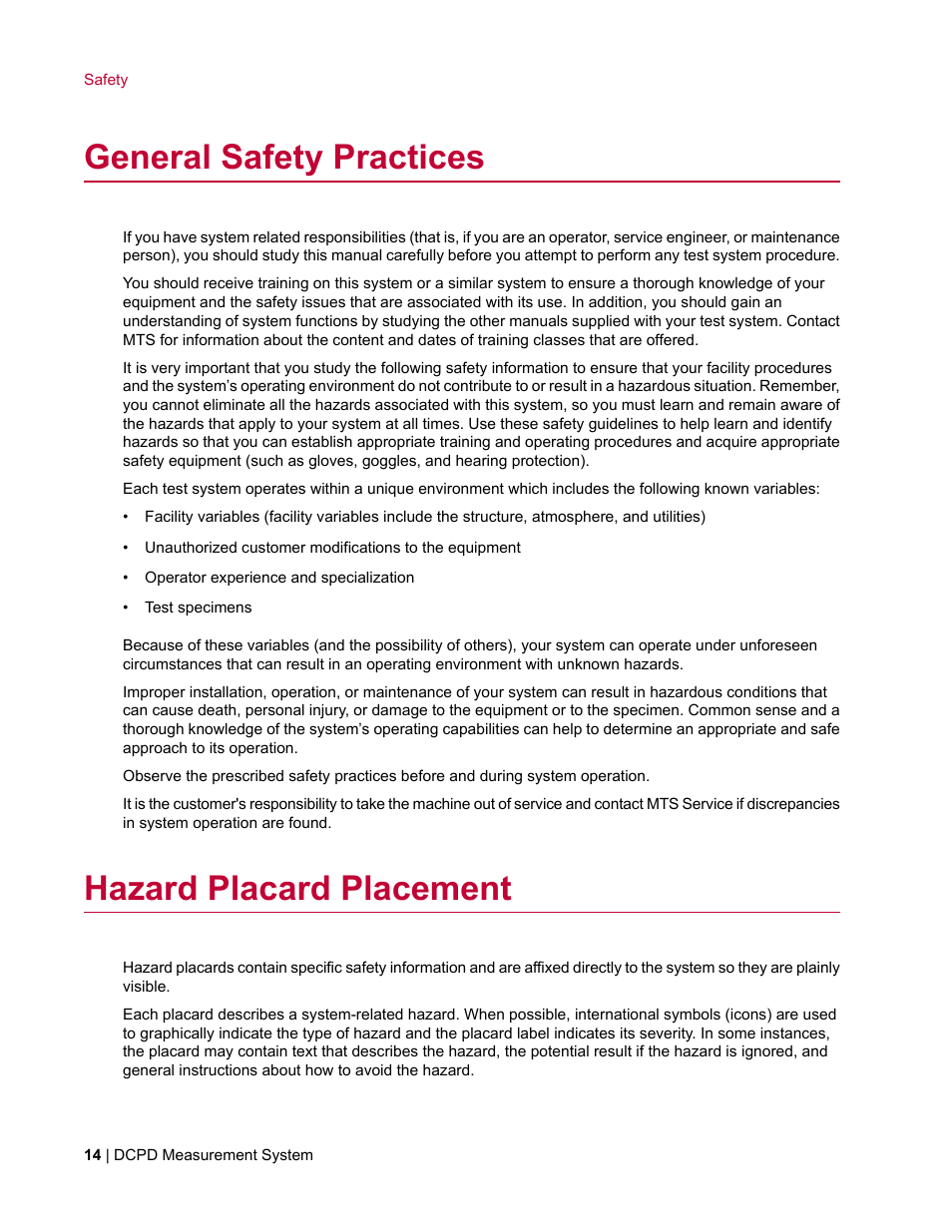 General safety practices, Hazard placard placement | MTS DCPD Measurement System User Manual | Page 14 / 46