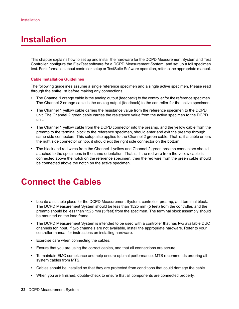 Installation, Connect the cables | MTS DCPD Measurement System User Manual | Page 22 / 46