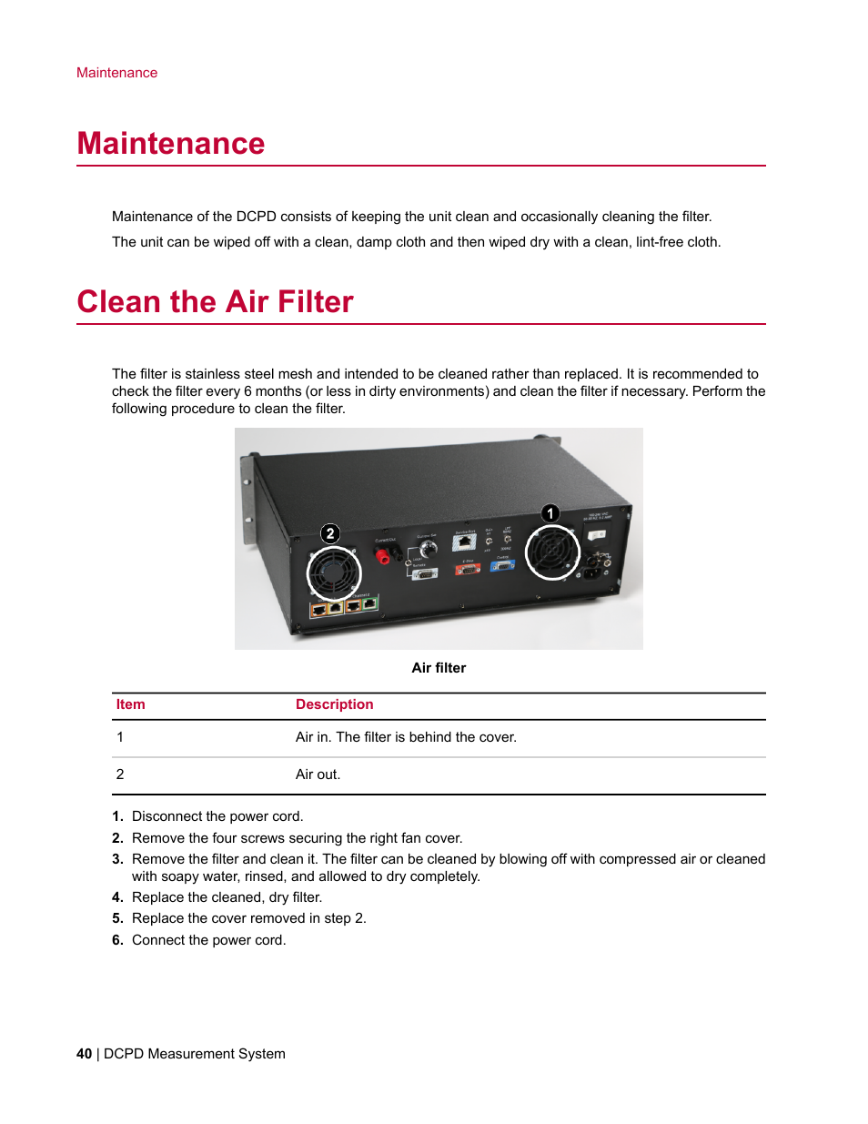 Maintenance, Clean the air filter | MTS DCPD Measurement System User Manual | Page 40 / 46