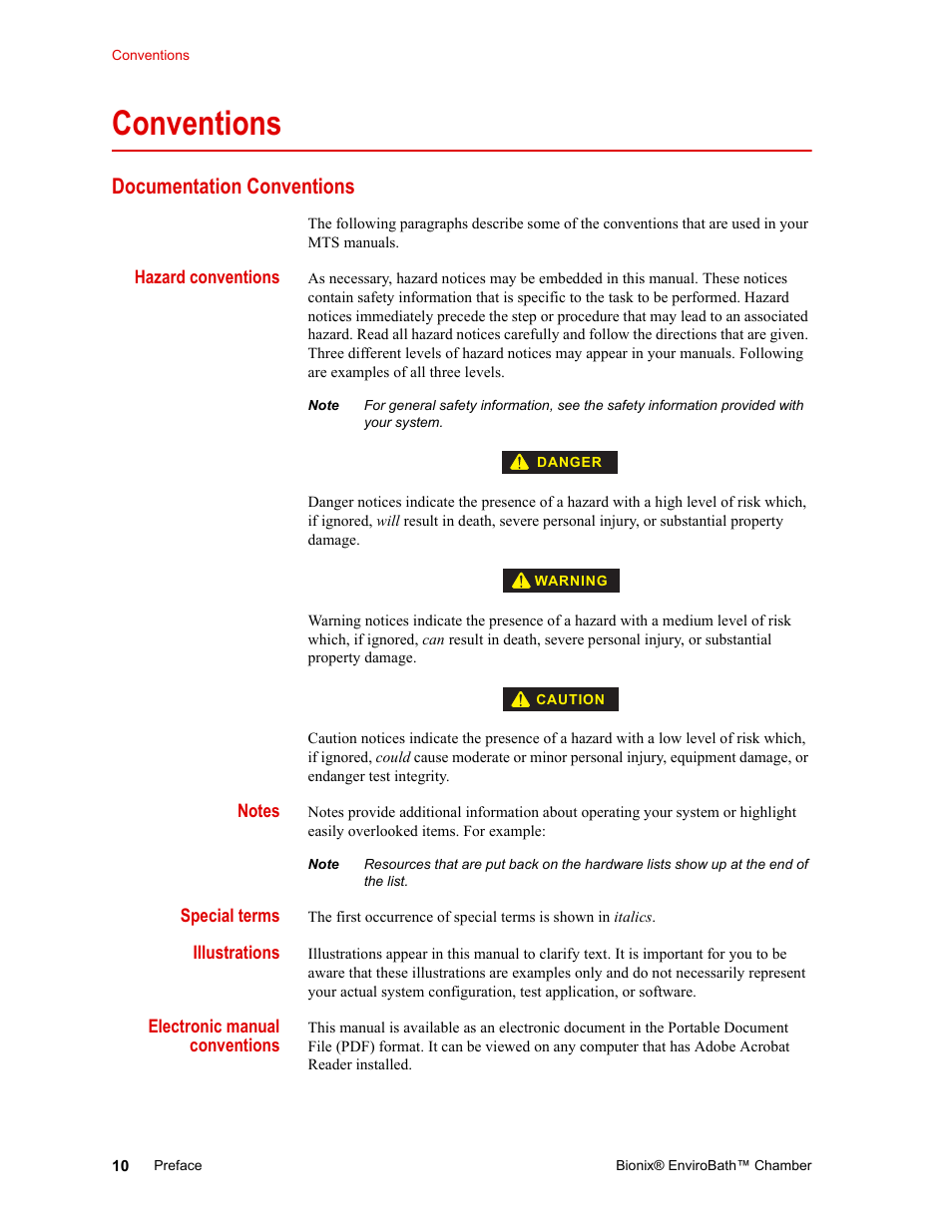 Conventions, Documentation conventions, Hazard conventions | Notes, Special terms, Illustrations, Electronic manual conventions, Conventions 10, Documentation conventions 10 | MTS Bionix EnviroBath User Manual | Page 10 / 40