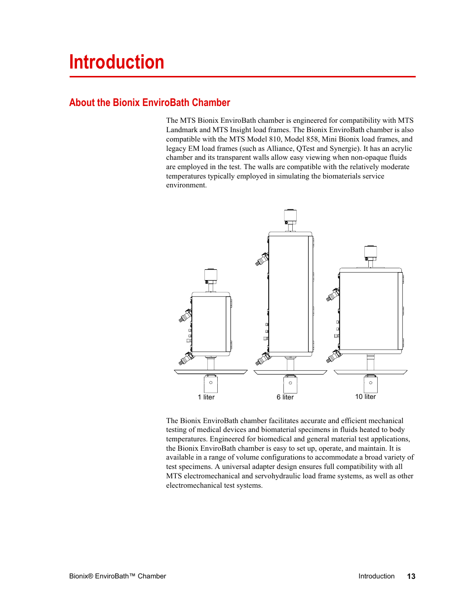 Introduction, About the bionix envirobath chamber, Introduction 13 | About the bionix envirobath chamber 13 | MTS Bionix EnviroBath User Manual | Page 13 / 40