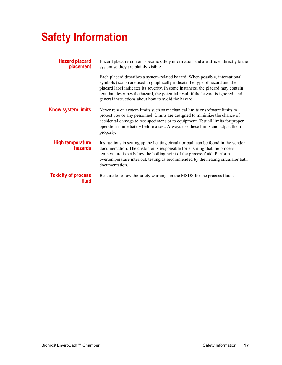 Safety information, Hazard placard placement, Know system limits | High temperature hazards, Toxicity of process fluid, Safety information 17 | MTS Bionix EnviroBath User Manual | Page 17 / 40