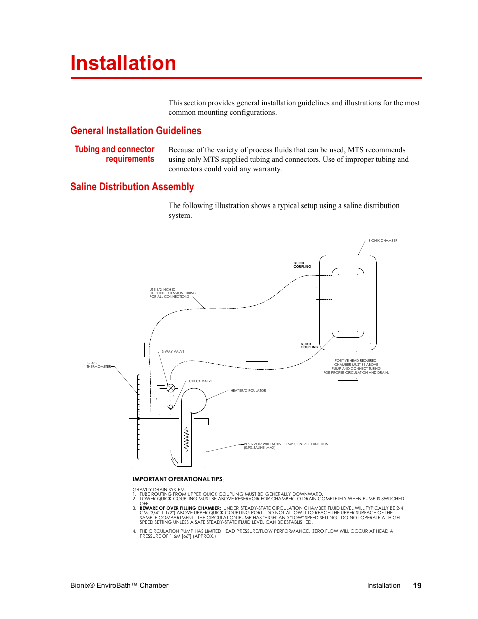Installation, General installation guidelines, Tubing and connector requirements | Saline distribution assembly, Installation 19, Bionix® envirobath™ chamber installation | MTS Bionix EnviroBath User Manual | Page 19 / 40