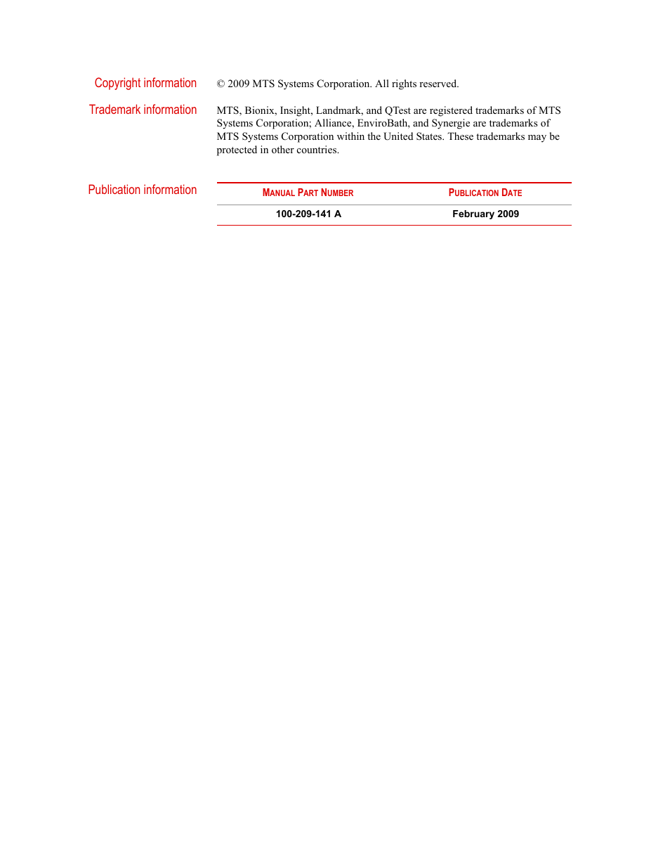 Copyright information, Trademark information, Publication information | MTS Bionix EnviroBath User Manual | Page 2 / 40