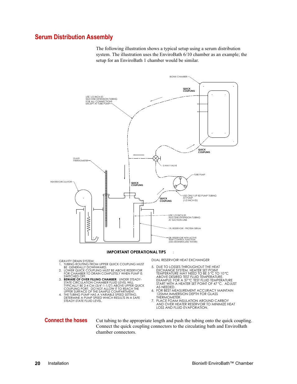 Serum distribution assembly, Connect the hoses, Serum distribution assembly 20 | Bionix® envirobath™ chamber, Installation, Important operational tips | MTS Bionix EnviroBath User Manual | Page 20 / 40