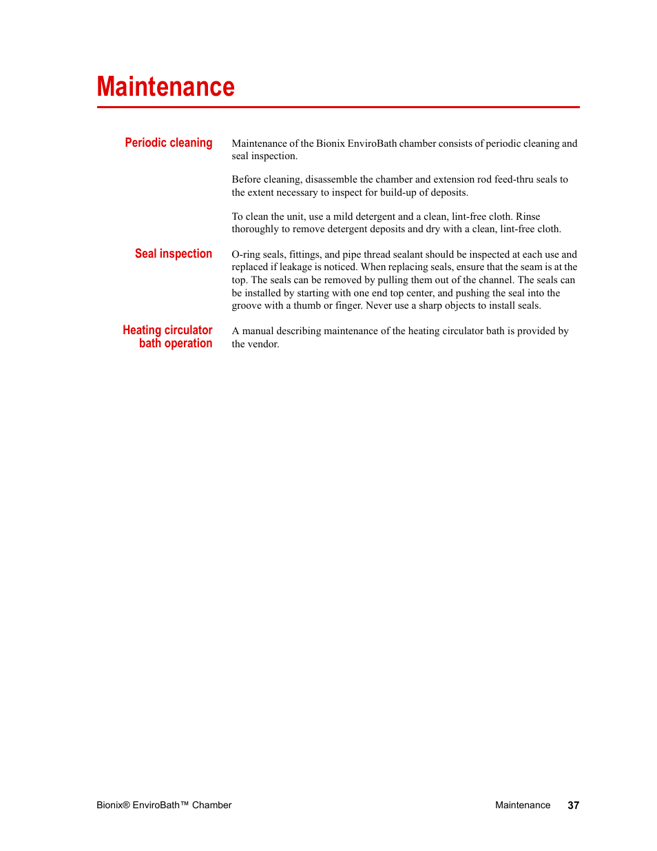 Maintenance, Periodic cleaning, Seal inspection | Heating circulator bath operation | MTS Bionix EnviroBath User Manual | Page 37 / 40