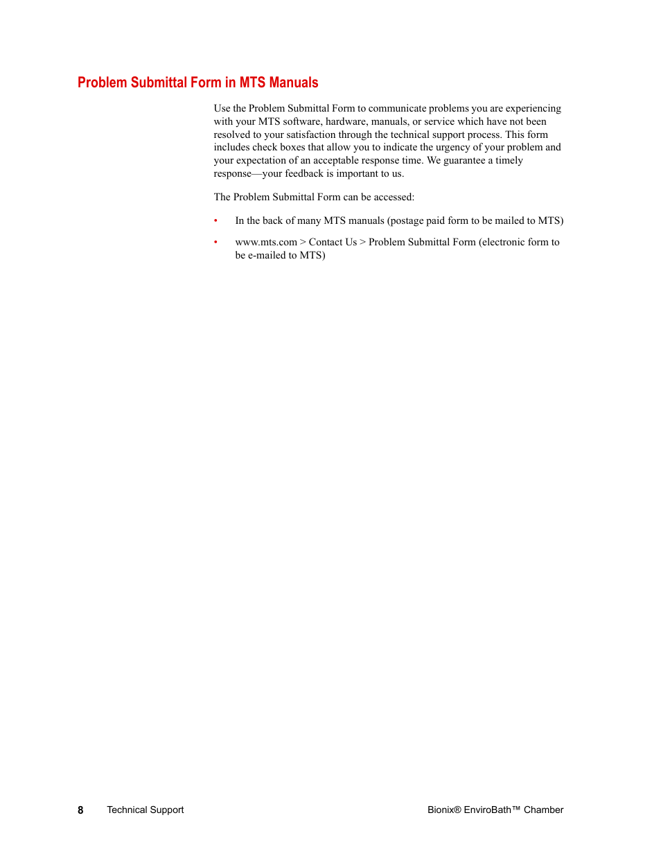 Problem submittal form in mts manuals, Problem submittal form in mts manuals 8 | MTS Bionix EnviroBath User Manual | Page 8 / 40