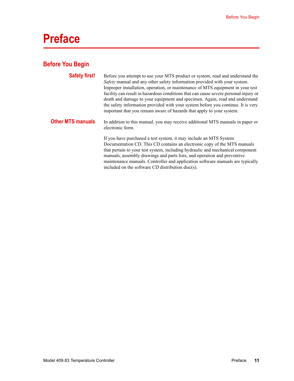 Preface, Before you begin, Preface 11 | Before you begin 11 | MTS Model 409.83 Temperature Controller User Manual | Page 11 / 40