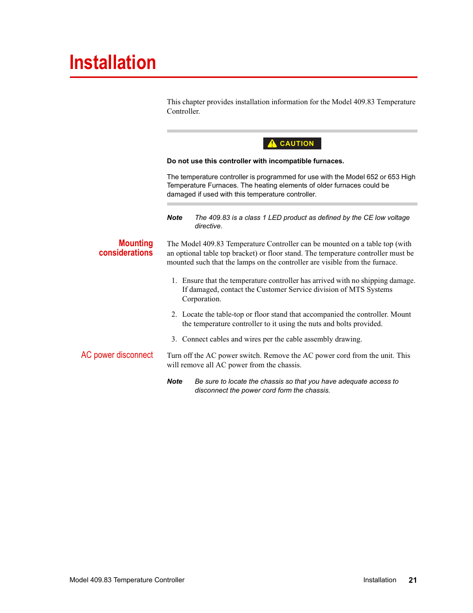 Installation, Installation 21 | MTS Model 409.83 Temperature Controller User Manual | Page 21 / 40