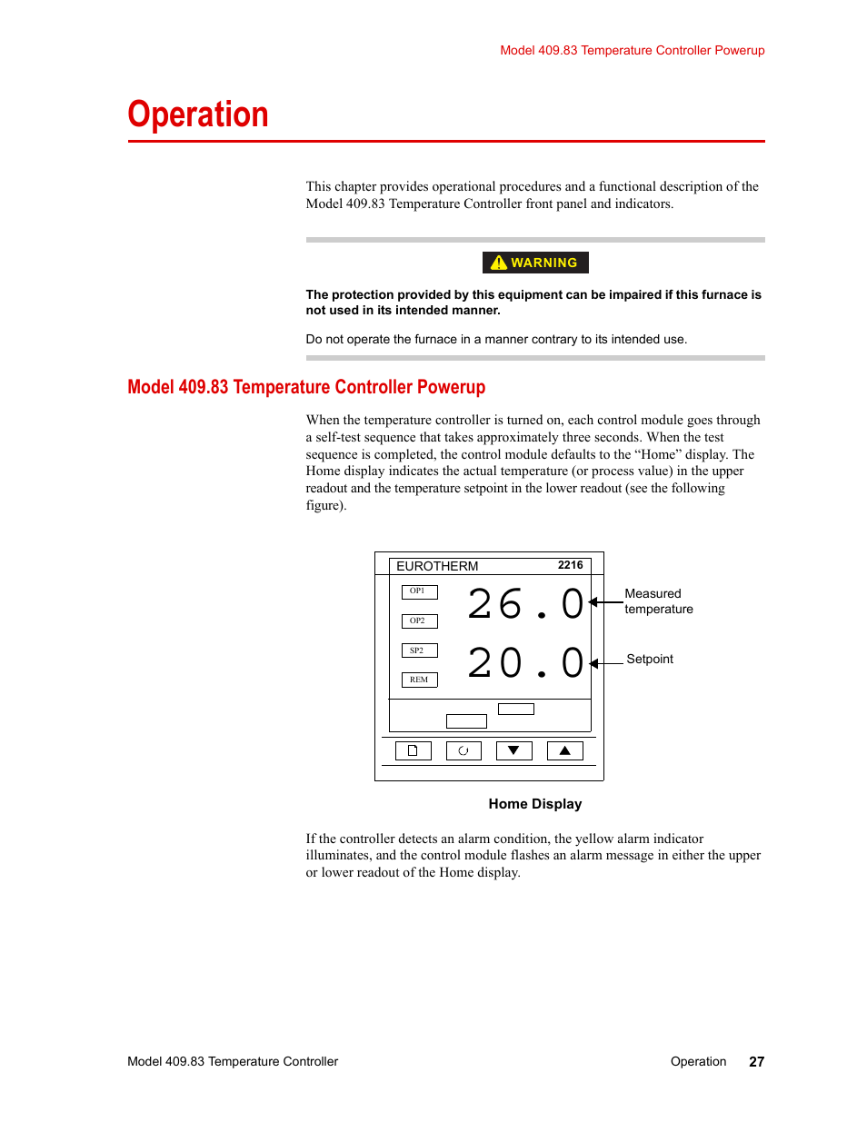 Operation, Model 409.83 temperature controller powerup, Operation 27 | Model 409.83 temperature controller powerup 27 | MTS Model 409.83 Temperature Controller User Manual | Page 27 / 40