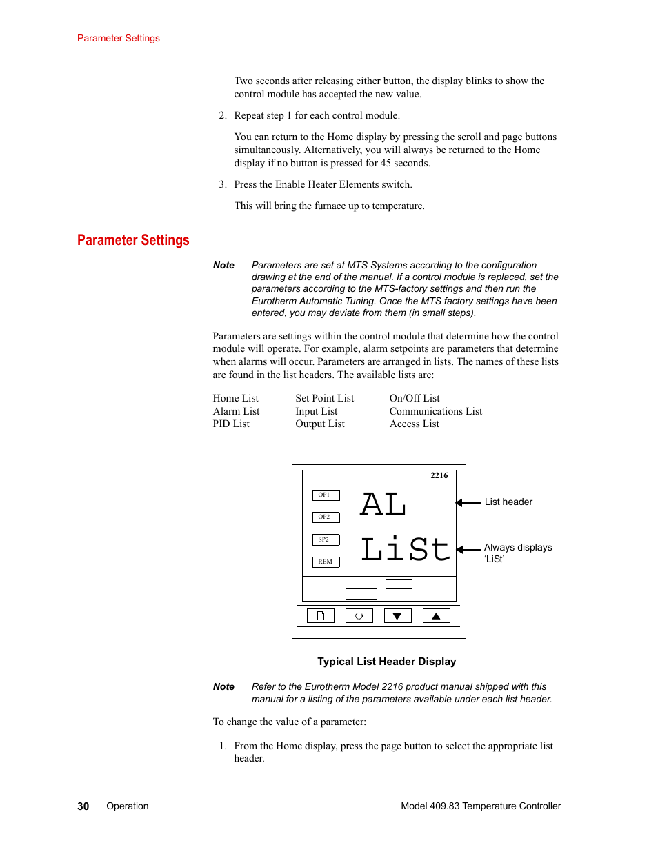 Parameter settings, Parameter settings 30, Al list | MTS Model 409.83 Temperature Controller User Manual | Page 30 / 40