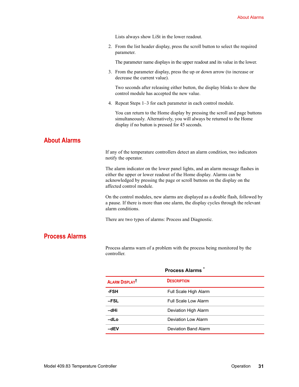 About alarms, Process alarms, About alarms 31 process alarms 31 | MTS Model 409.83 Temperature Controller User Manual | Page 31 / 40