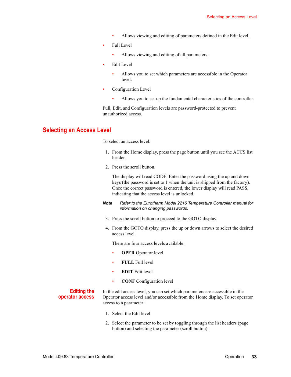 Selecting an access level, Selecting an access level 33 | MTS Model 409.83 Temperature Controller User Manual | Page 33 / 40