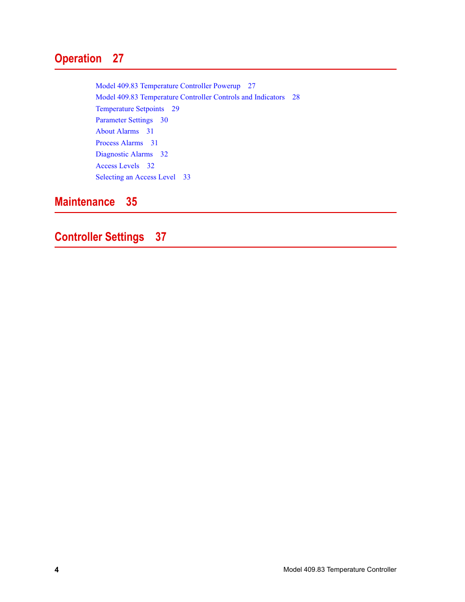 Operation 27, Maintenance 35 controller settings 37 | MTS Model 409.83 Temperature Controller User Manual | Page 4 / 40