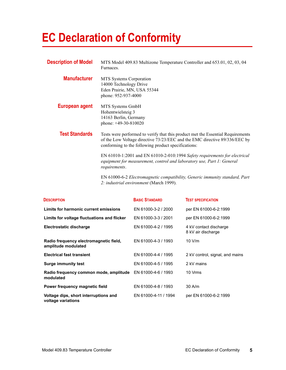 Ec declaration of conformity, Ec declaration of conformity 5 | MTS Model 409.83 Temperature Controller User Manual | Page 5 / 40