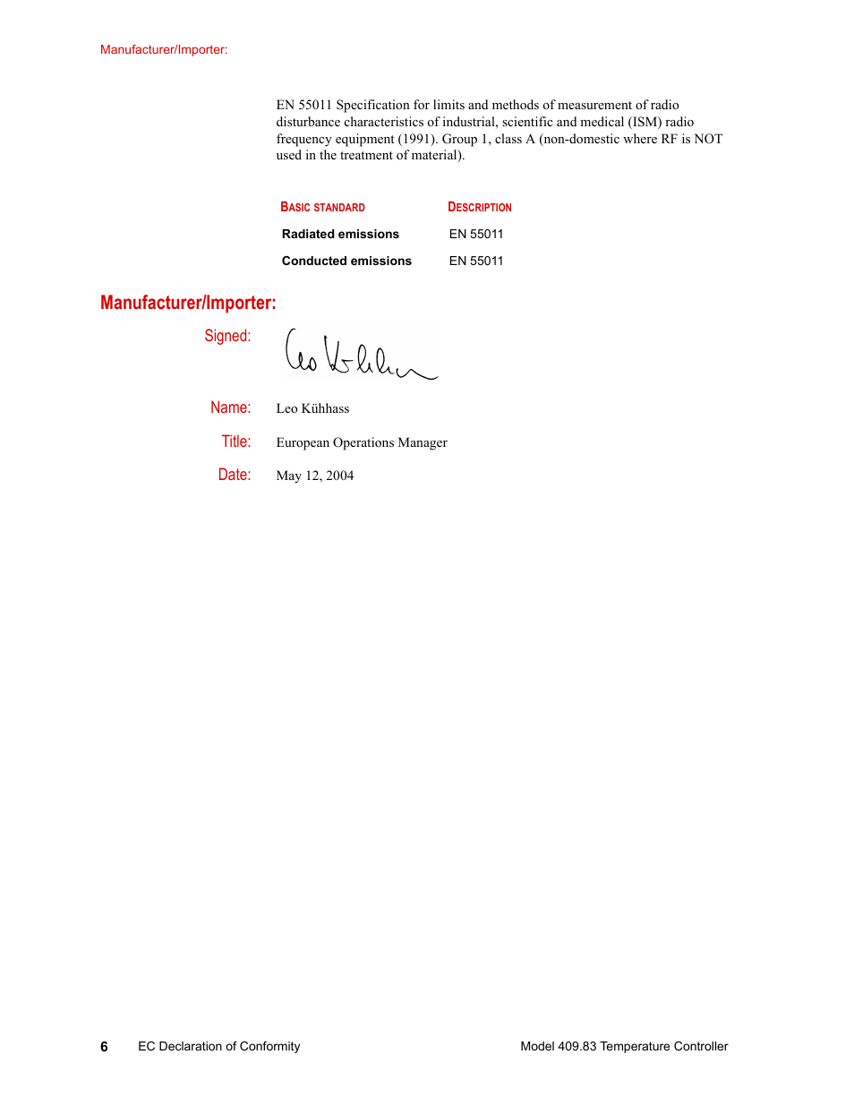 Manufacturer/importer, Manufacturer/importer: 6 | MTS Model 409.83 Temperature Controller User Manual | Page 6 / 40