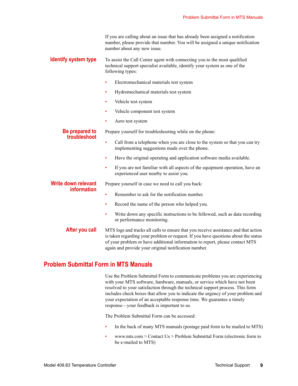 Problem submittal form in mts manuals, Problem submittal form in mts manuals 9 | MTS Model 409.83 Temperature Controller User Manual | Page 9 / 40