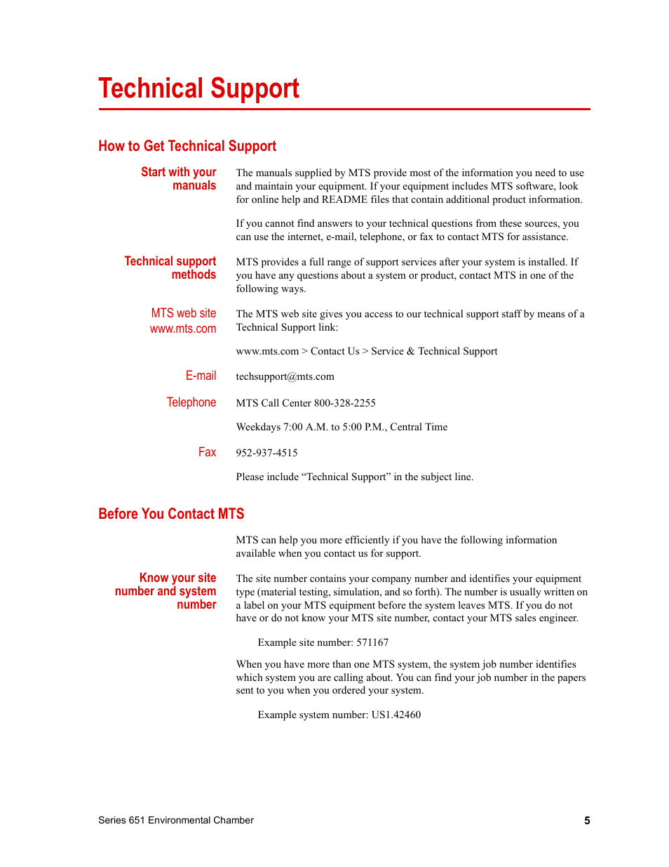 Technical support, How to get technical support, Before you contact mts | Technical support 5 | MTS Series 651 Environmental Chambers User Manual | Page 5 / 30