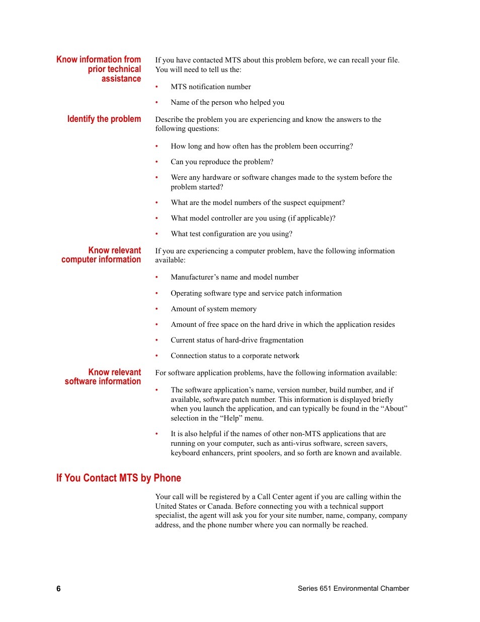 If you contact mts by phone, If you contact mts by phone 6 | MTS Series 651 Environmental Chambers User Manual | Page 6 / 30