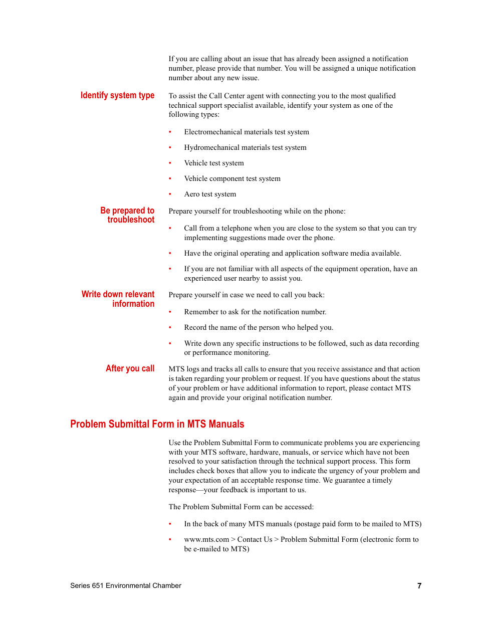 Problem submittal form in mts manuals, Problem submittal form in mts manuals 7 | MTS Series 651 Environmental Chambers User Manual | Page 7 / 30