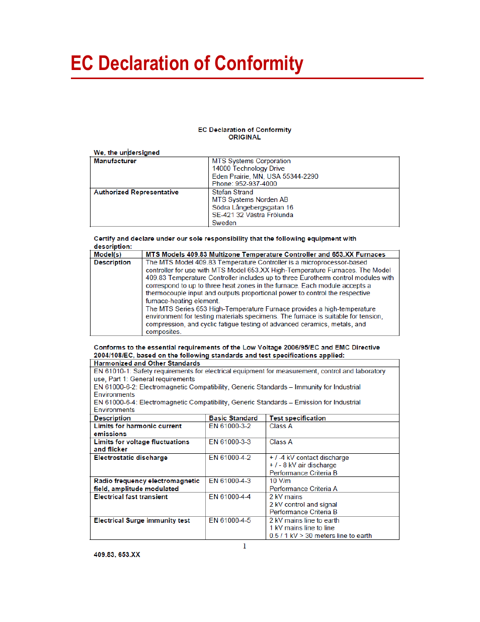Ec declaration of conformity, Ec declaration of conformity 5 | MTS Series 653 High-Temperature Furnaces User Manual | Page 5 / 38