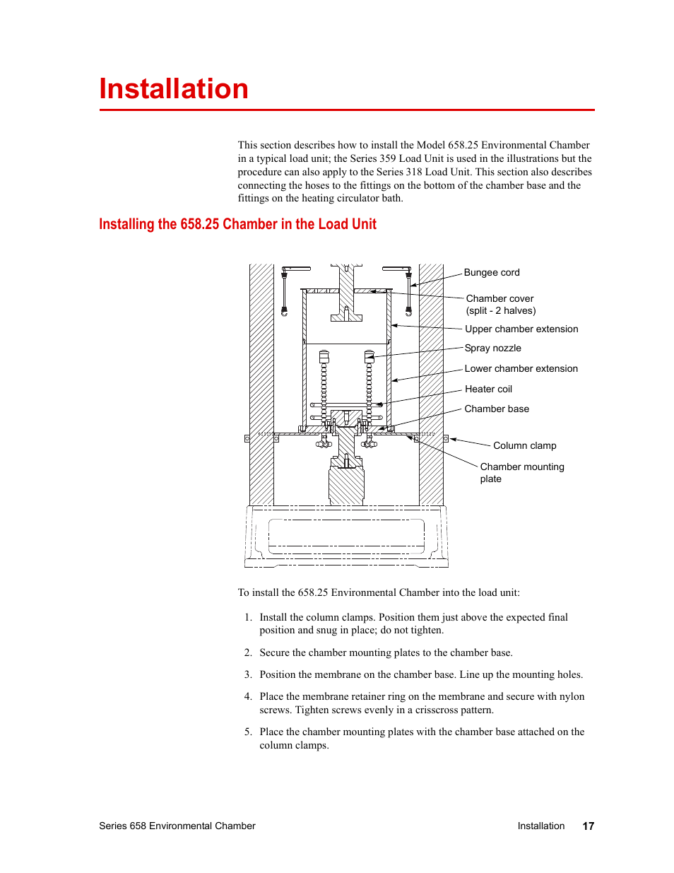 Installation, Installing the 658.25 chamber in the load unit, Installation 17 | Installing the 658.25 chamber in the load unit 17 | MTS Series 658 Environmental Chamber User Manual | Page 17 / 24