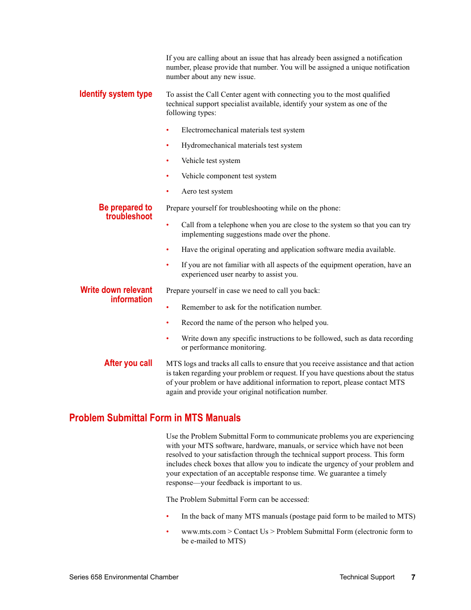 Problem submittal form in mts manuals, Problem submittal form in mts manuals 7 | MTS Series 658 Environmental Chamber User Manual | Page 7 / 24