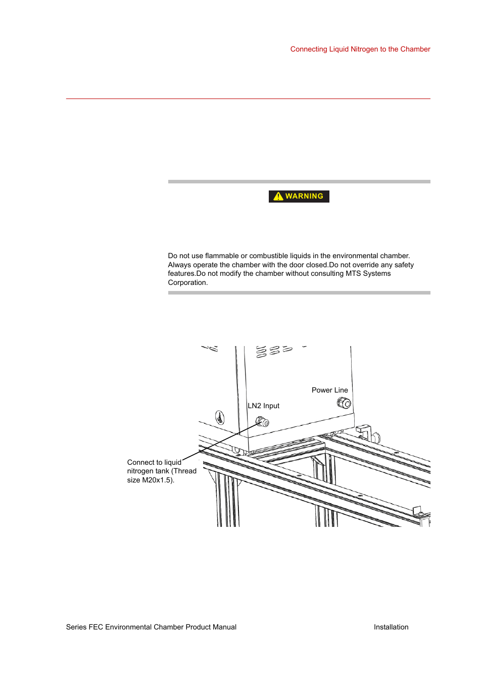 Connecting liquid nitrogen to the chamber, Prerequisites, Connecting an ln2 supply tank to the chamber | Connecting liquid nitrogen to the chamber 27, Prerequisites 27, Connecting an ln2 supply tank to the chamber: 27 | MTS Series FEC Environmental Chamber User Manual | Page 27 / 48
