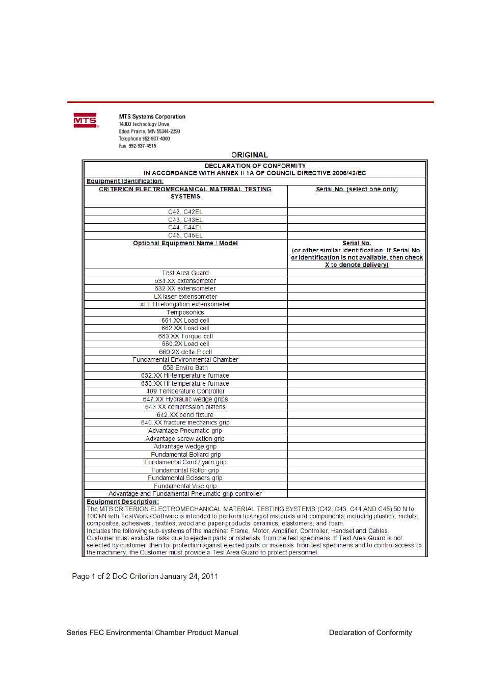 Declaration of conformity, Declaration of conformity 45 | MTS Series FEC Environmental Chamber User Manual | Page 45 / 48