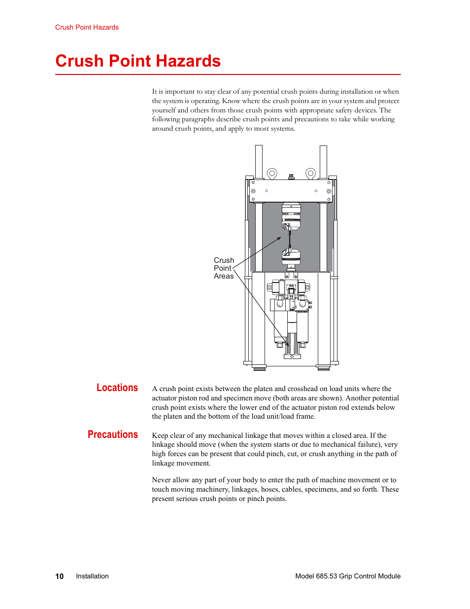 Crush point hazards, Crush point hazards 10, Locations | Precautions | MTS Model 685.53 Grip Control Module User Manual | Page 10 / 24