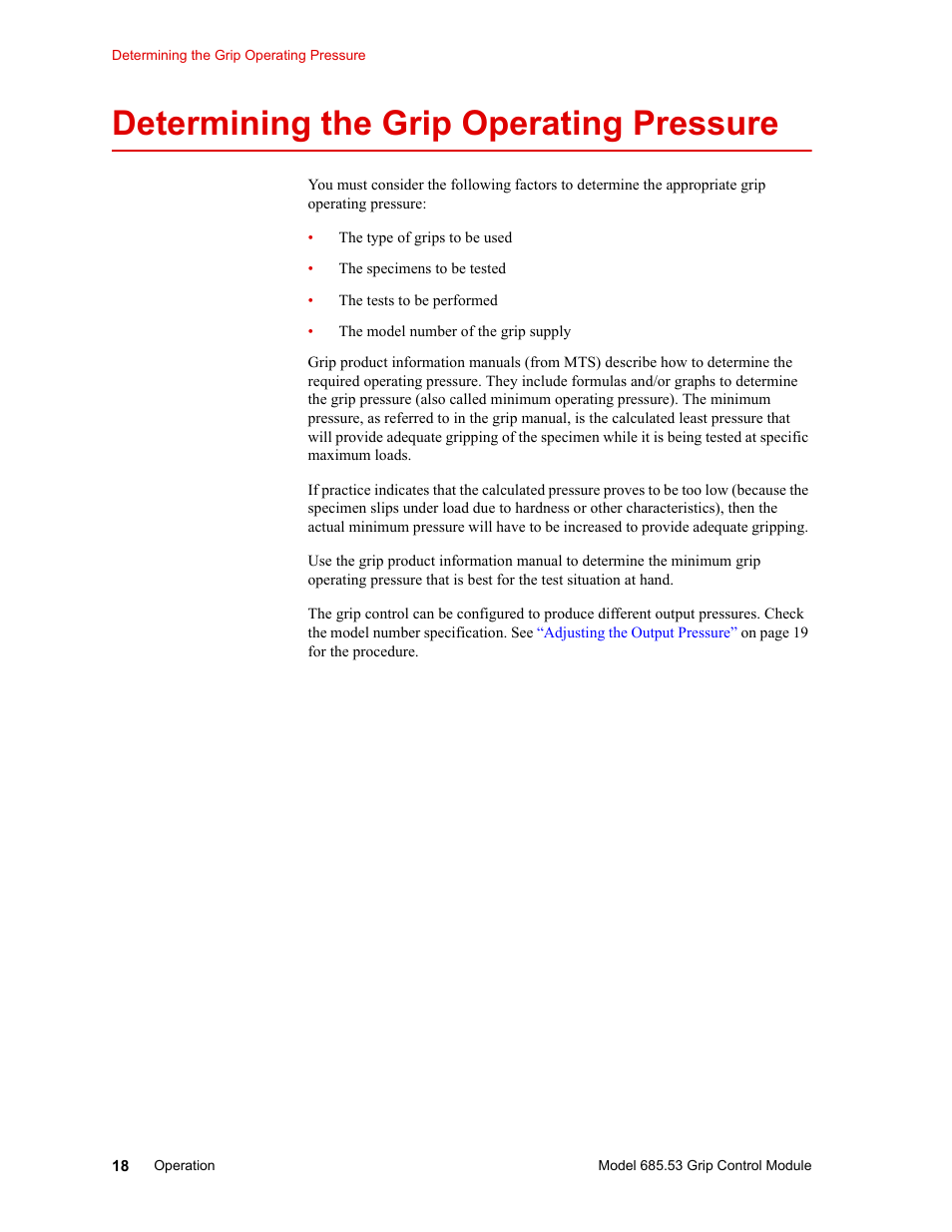 Determining the grip operating pressure, Determining the grip operating pressure 18 | MTS Model 685.53 Grip Control Module User Manual | Page 18 / 24