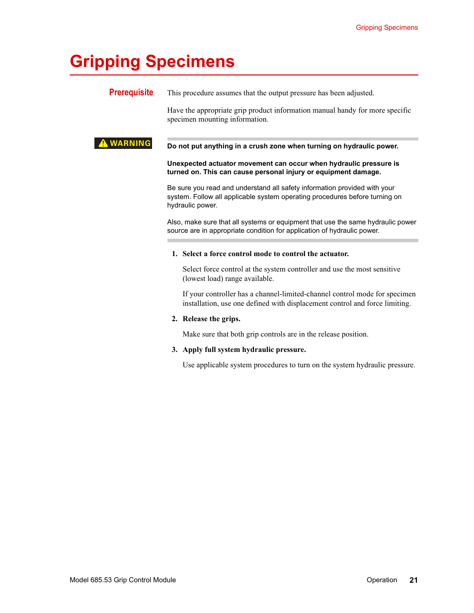 Gripping specimens, Gripping specimens 21 | MTS Model 685.53 Grip Control Module User Manual | Page 21 / 24