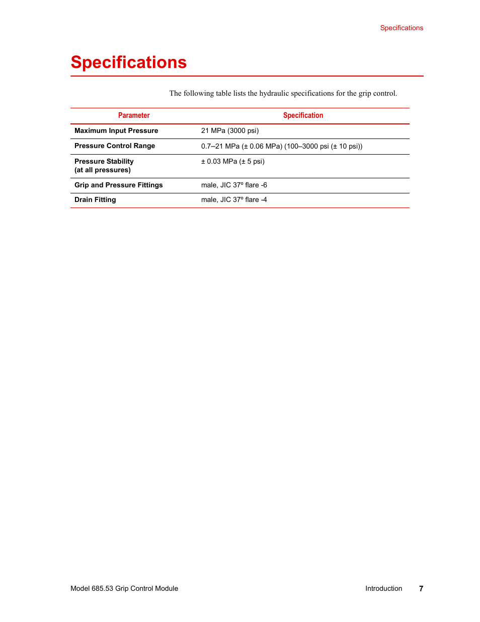 Specifications, Specifications 7 | MTS Model 685.53 Grip Control Module User Manual | Page 7 / 24