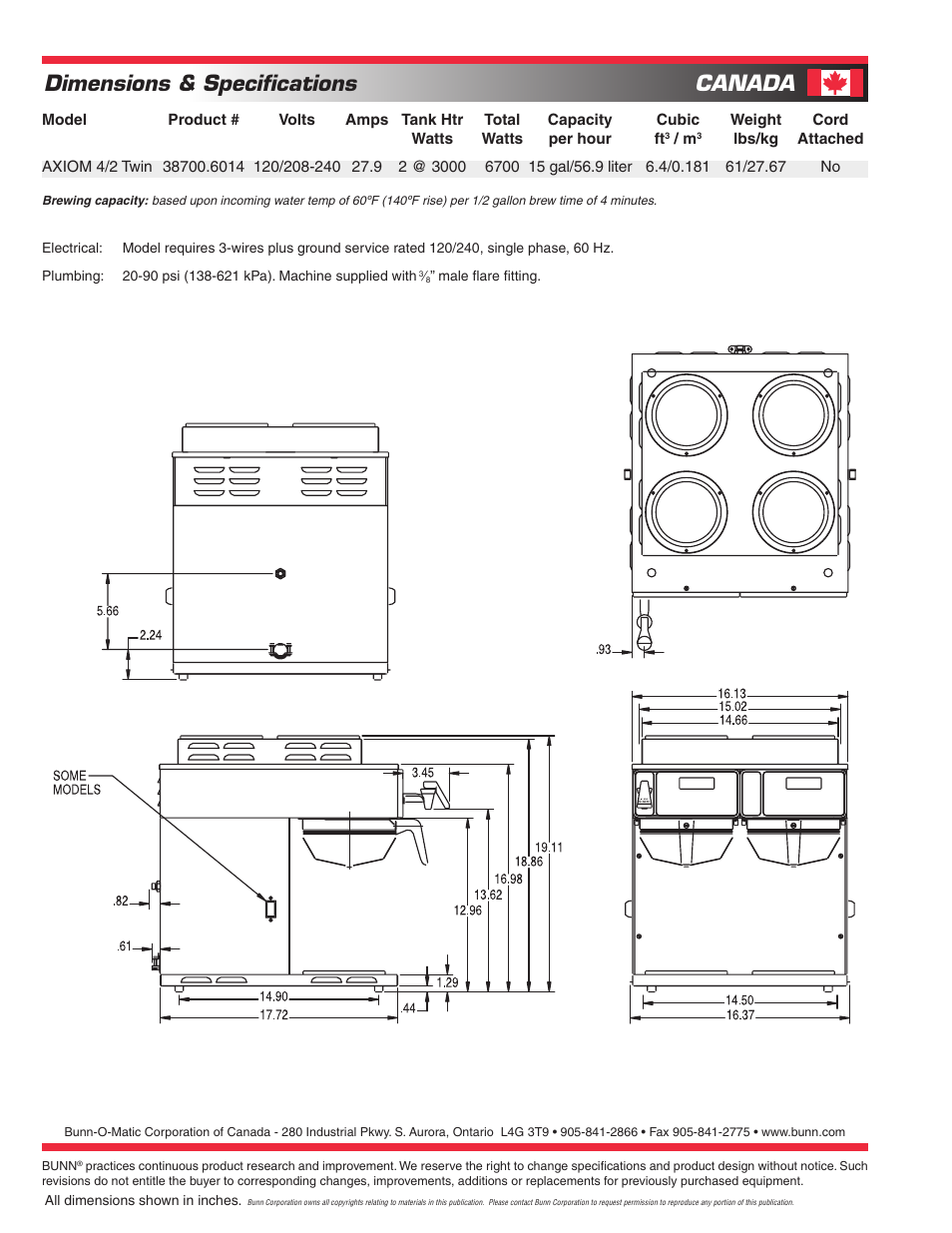 Dimensions & specifications, Canada | Bunn 120/240V User Manual | Page 2 / 2