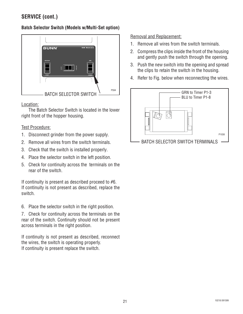 Service (cont.) | Bunn G9-2 HD-S User Manual | Page 21 / 23