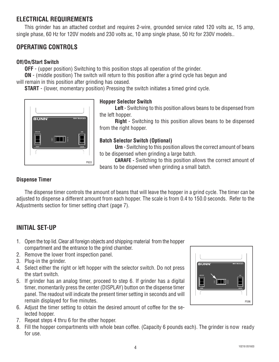 Electrical requirements, Operating controls, Initial set-up | Bunn G9-2 HD-S User Manual | Page 4 / 23