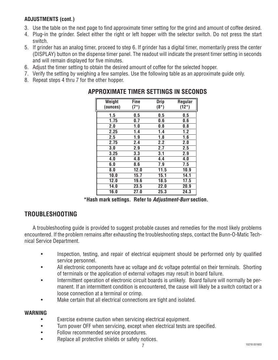 Troubleshooting, Approximate timer settings in seconds | Bunn G9-2 HD-S User Manual | Page 7 / 23