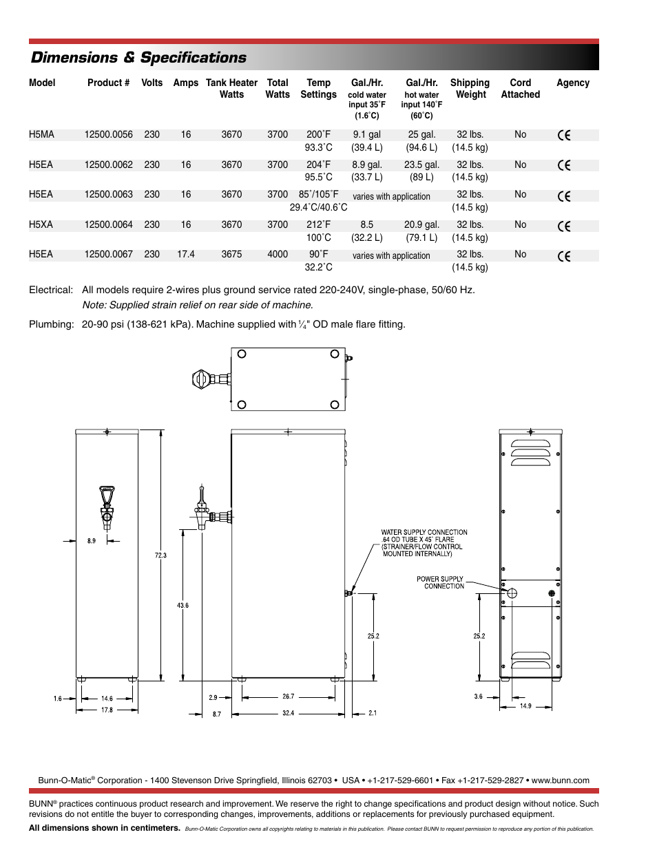 Dimensions & speciﬁcations | Bunn EASY CLEAR H5X User Manual | Page 2 / 2