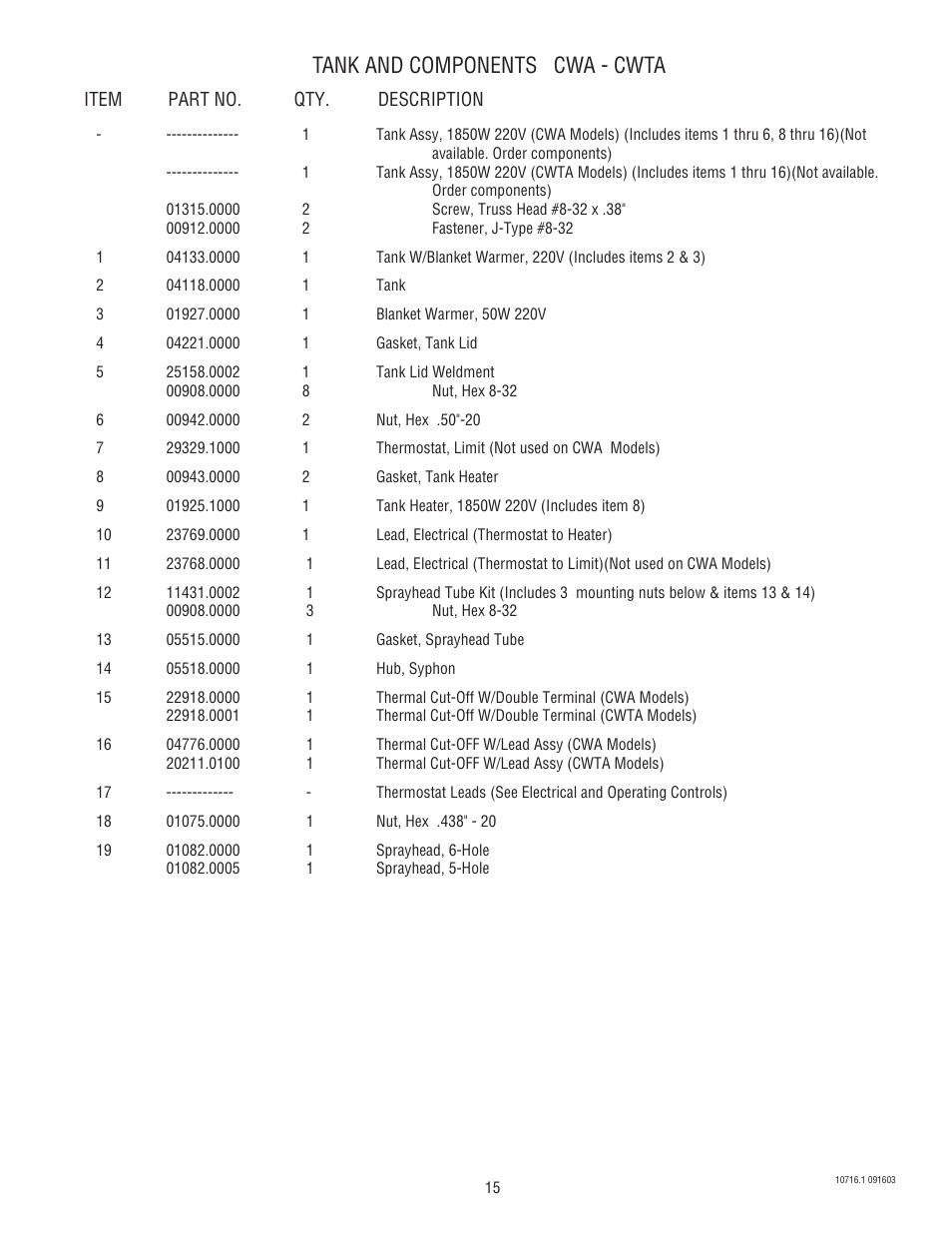 Tank and components cwa - cwta | Bunn CWTA-APS  EN User Manual | Page 15 / 32